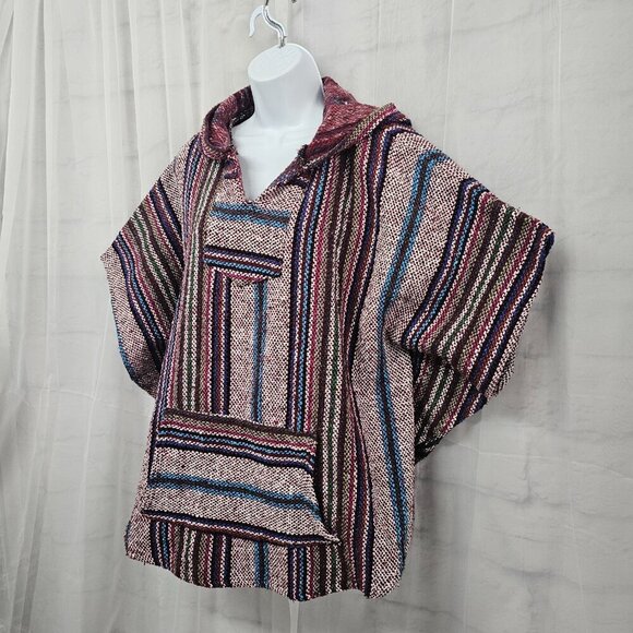 Baja Joe Red Blue Striped Baja Hooded Jacket Beach Hippie L/XL - Picture 5 of 11